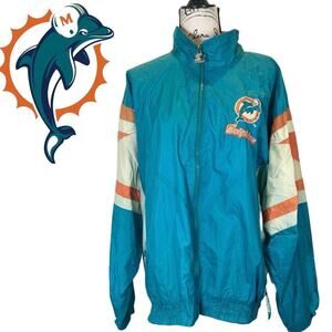 VTG 90’s STARTER JACKET MIAMI DOLPHINS RAIN STOOWABLE SZ XL TEAL/ORANGE ICONIC